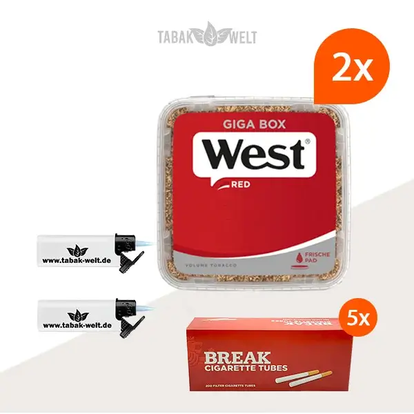 west-red-volumentabak-2x-giga-box-mit-sturmfeuerzeugen-und-1000-filterhuelsen