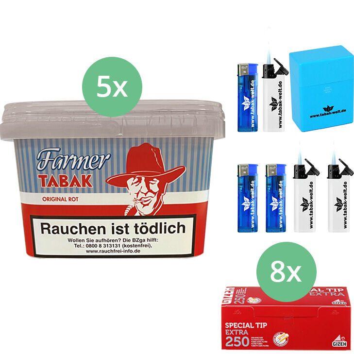 Farmer Rot Pfeifentabak Eimer 5 x 240g mit 2000 Extra Hülsen