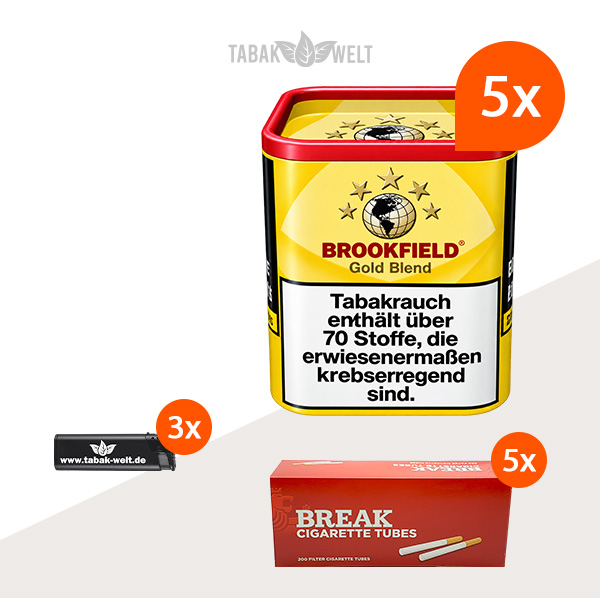 Brookfield Gold Blend Drehtabak 5er-Dosen-Set mit 1000 Filterhülsen