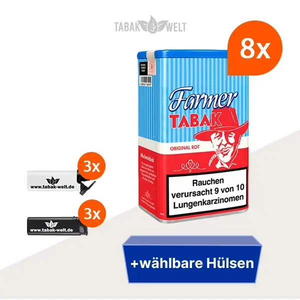 Farmer Rot Pfeifentabak 8x Dose mit wählbaren Hülsen