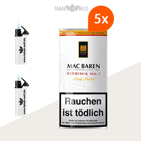 Mac Baren Virginia No. 1 Pfeifentabak – 5 Pouches mit Feuerzeugen
