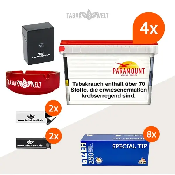 paramount-volumentabak-4x-mega-box-mit-2000-special-tip-huelsen-und-feuerzeugen