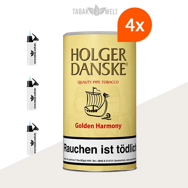 Holger Danske Golden Harmony Pfeifentabak – 4 Dosen mit Feuerzeugen im Set
