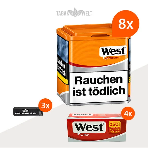 West Yellow Volumentabak 8er-Dosen-Set mit 1000 Special-Size-Hülsen und Feuerzeugen