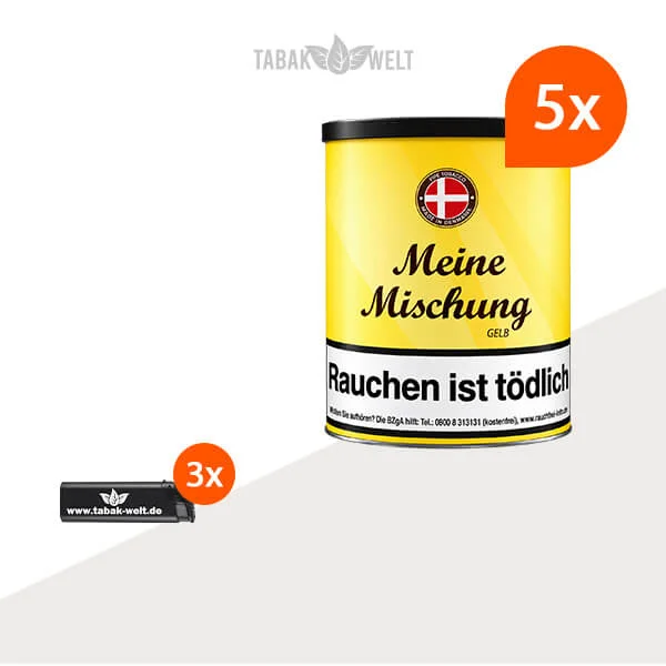 Meine Mischung Gelb Pfeifentabak 5 x Dose mit Feuerzeugen