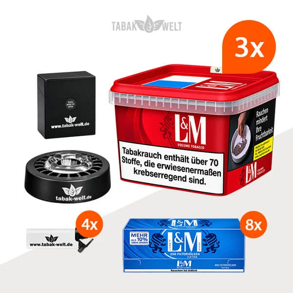 L&M Volumentabak 3x Giga Box mit 2000 Extra BAU Filterhülsen und Roulette Aschenbecher