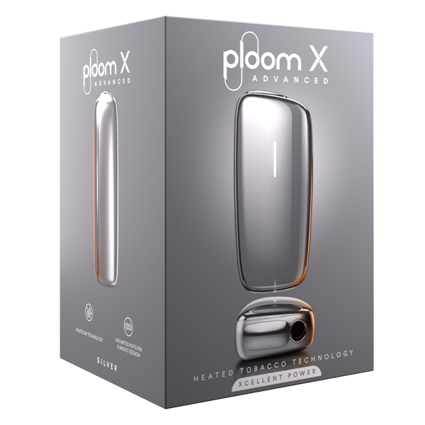 Das Ploom X Silver Devicekit plus gratis sticks aus weissem Hintergrund 