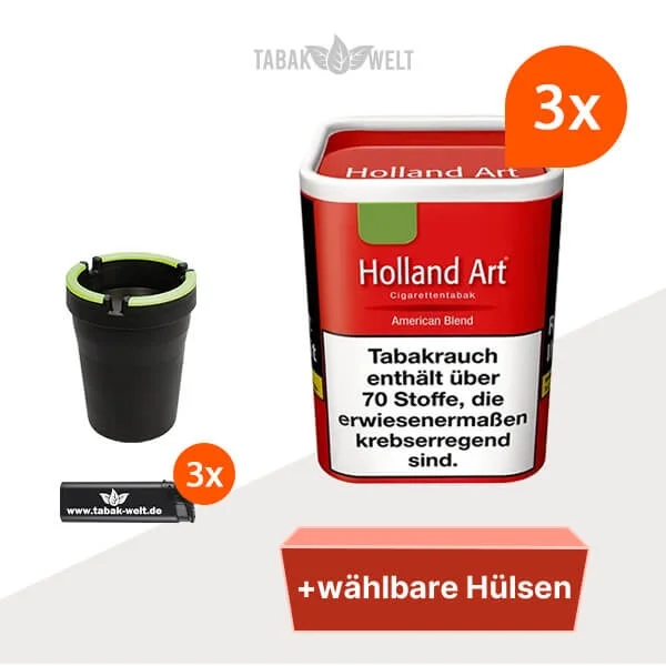Holland Art American Blend Rot Feinschnitt Tabak 3x Dose mit wählbaren Hülsen