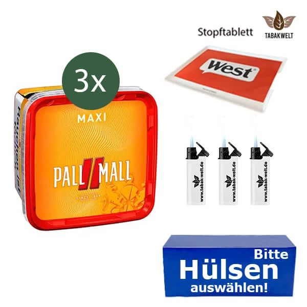 Pall Mall Volumentabak 3 x Maxi Box mit wählbaren Filterhülsen und Sturmfeuerzeugen