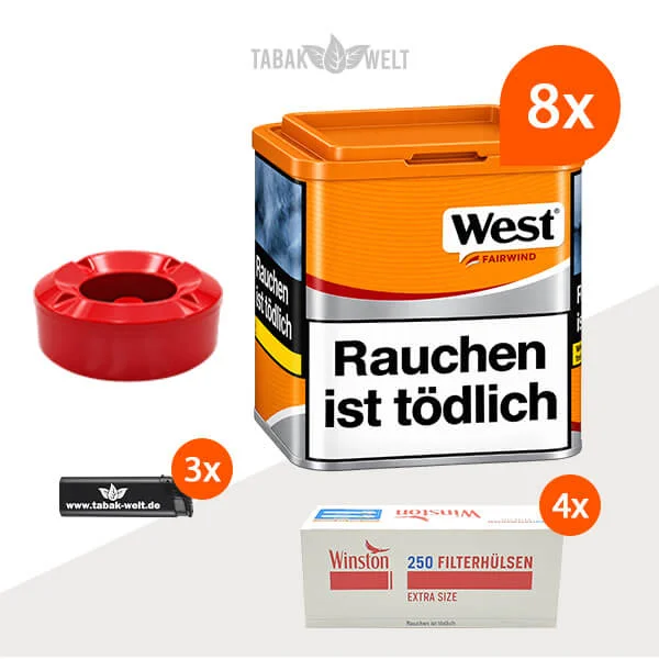 West Yellow Volumentabak 8er-Dosen-Set mit 1000 Extra-Size-Zigarettenhülsen