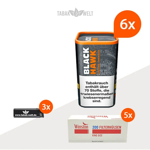 Black Hawk Volumentabak 6x Dose mit 1000 Filterhülsen und Feuerzeugen Black Hawk Volumentabak 6x Dose mit 1000 Filterhülsen und Feuerzeugen