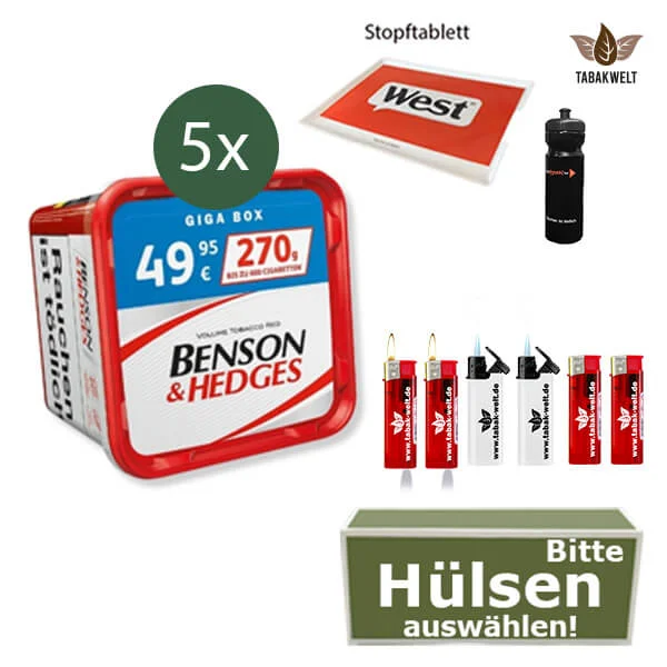 Benson und Hedges 5 x Giga Box Red mit wählbaren Hülsen und Stopftablett