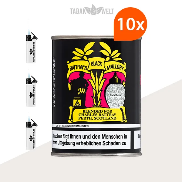 Rattray’s British Selection Black Mallory Pfeifentabak – 10er-Box mit Feuerzeugen