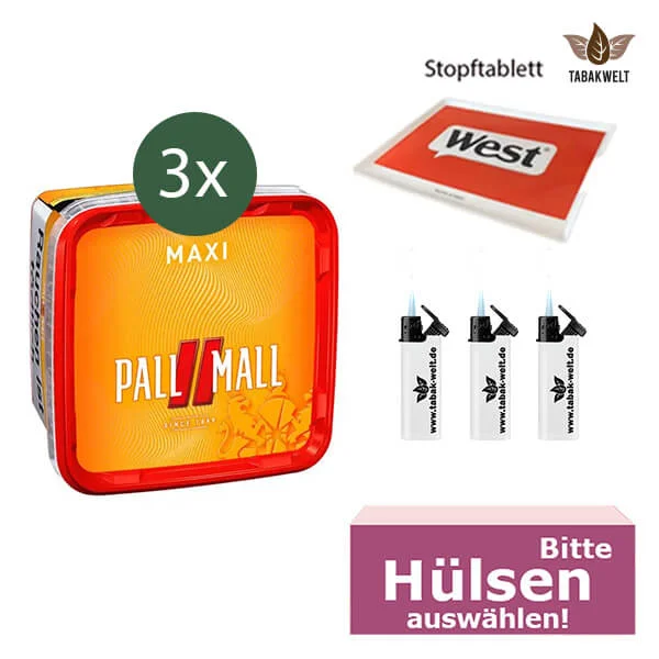 Pall Mall Volumentabak 3 x Maxi Box mit wählbaren Hülsen und Stopftablett