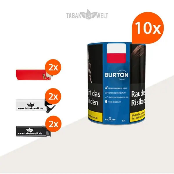 Burton Blue Feinschnitt-Tabak 10x Dose mit Sturmfeuerzeugen