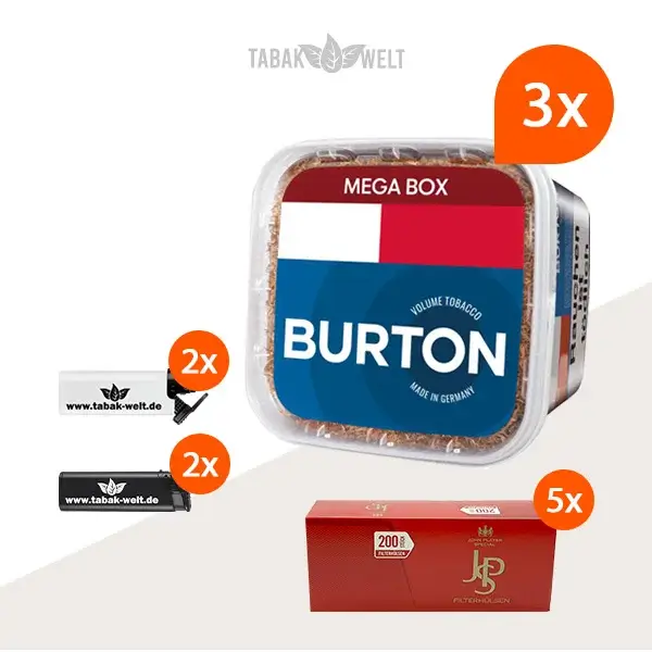 Burton Blue Volumentabak 3x Mega Box mit 1000 King Size Hülsen und Sturmfeuerzeugen
