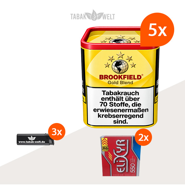 Brookfield Gold Blend Drehtabak 5er-Dosen-Set mit 1100 Filterhülsen