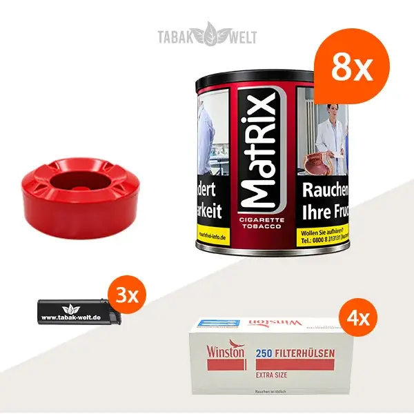 Matrix Red Feinschnitt Tabak, 8 Dosen mit 1000 Extra Size Hülsen