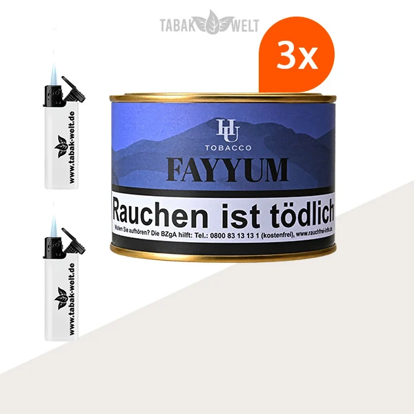 HU Tobacco Fayyum Pfeifentabak, 3 Dosen mit Feuerzeugen