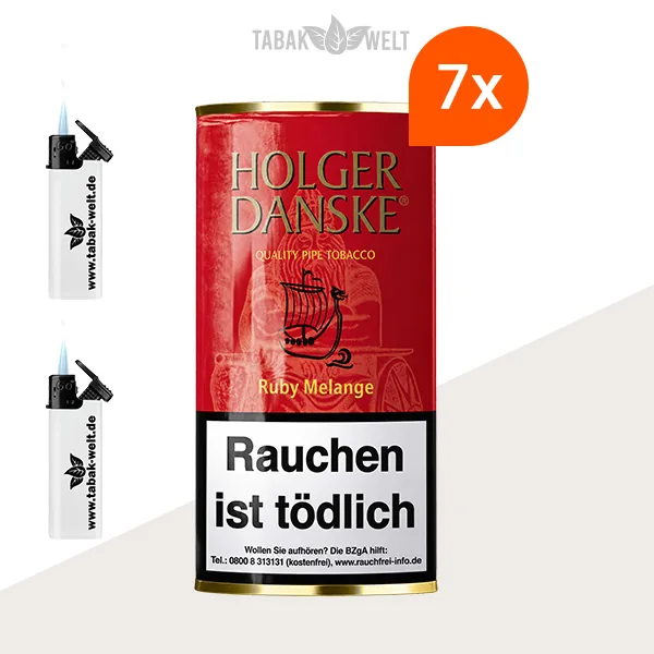 Holger Danske Ruby Melange Pfeifentabak im 7er-Pouch-Pack mit Feuerzeugen