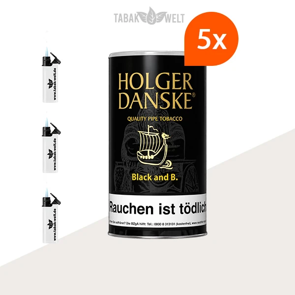 Holger Danske Black and Bourbon Pfeifentabak – 5 Dosen mit Feuerzeugen im Set