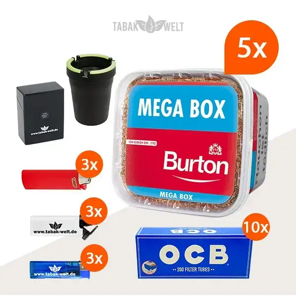 Burton Red Volumentabak 5x Mega Box mit 2000 King Size Hülsen und Auto-Aschenbecher 