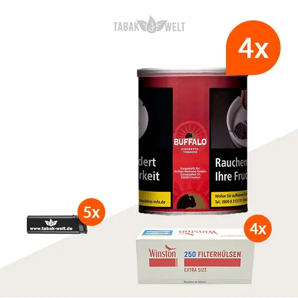 buffalo-red-feinschnitttabak-4x-dose-mit-1000-extra-size-huelsen-und-feuerzeugen buffalo-red-feinschnitttabak-4x-dose-mit-1000-extra-size-huelsen-und-feuerzeugen