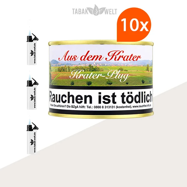 HU Tobacco Krater Plug Pfeifentabak – 10 Dosen mit Feuerzeugen im Set