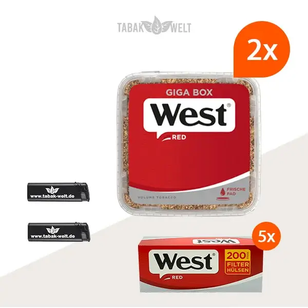 west-red-volumentabak-2x-giga-box-mit-1000-huelsen-und-feuerzeugen