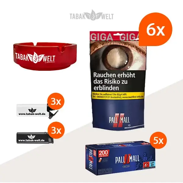 pall-mall-red-volumentabak-6x-beutel-mit-1000-filterhuelsen-und-feuerzeugen
