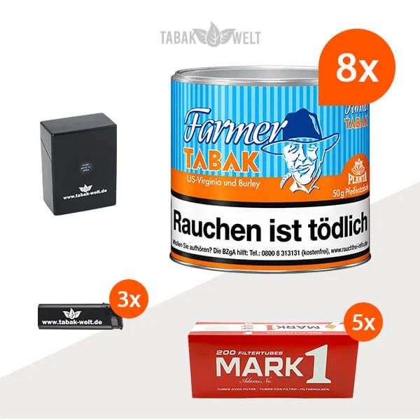 Farmer Orange Pfeifentabak Virginia und Burley, 8 Dosen mit 1000 King-Size-Zigarettenhülsen