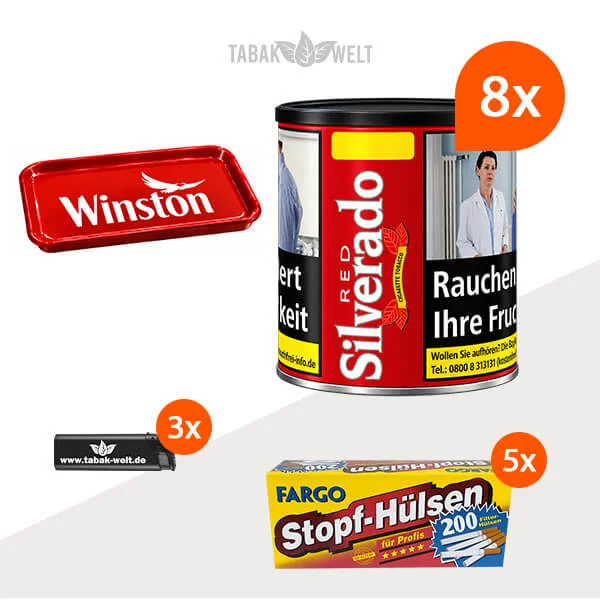 Silverado Red Cigarette Tobacco Wide Cut im 8er-Pack mit acht Dosen, 1.000 King Size Hülsen und Stopftablett
