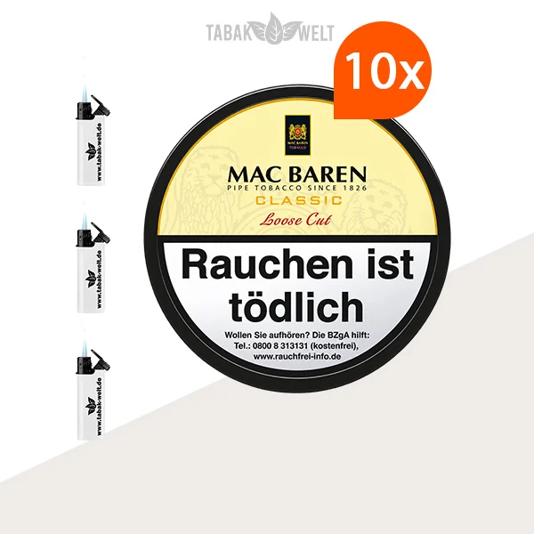 Mac Baren Classic Loose Cut Pfeifentabak – 10x Dose mit Feuerzeugen