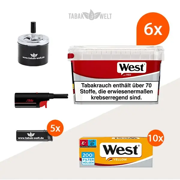 west-red-volumentabak-6x-mega-box-mit-2000-yellow-filterhuelsen-und-stabfeuerzeug