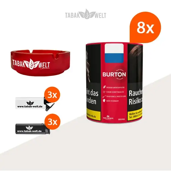 Burton Original Feinschnitt-Tabak 8x Dose mit Glas Aschenbecher Burton Original Feinschnitt-Tabak 8x Dose mit Glas Aschenbecher