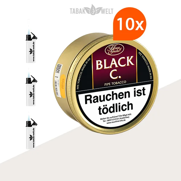 House of Smoke Black C. Pfeifentabak – 10 x Dose mit Feuerzeugen