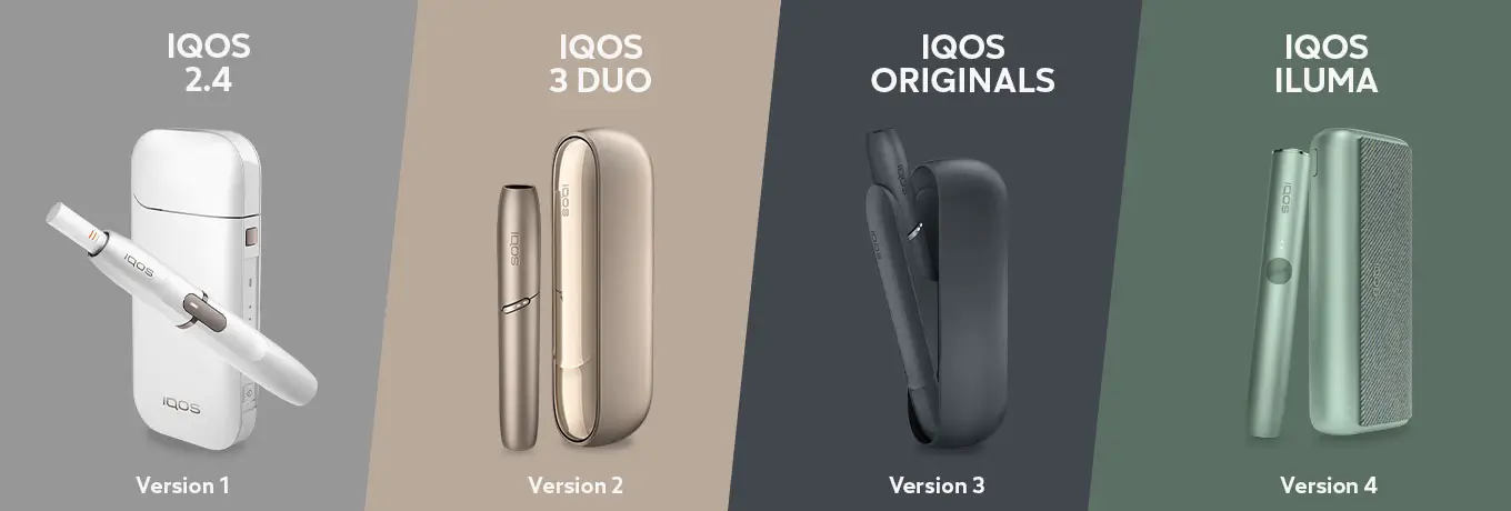 Die Produkte von IQOS nebeneinander platziert. Von IQOS 2.4 bis hin zu IQOS Iluma Prime