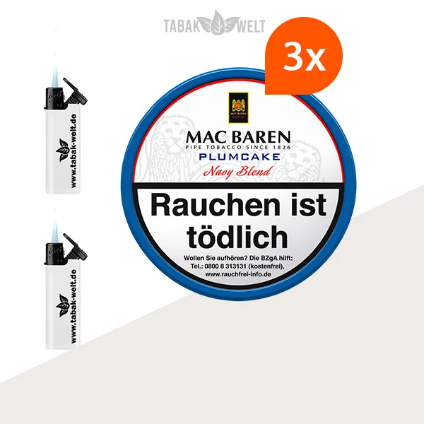 Mac Baren Plumcake Pfeifentabak – 3 Dosen mit Feuerzeugen