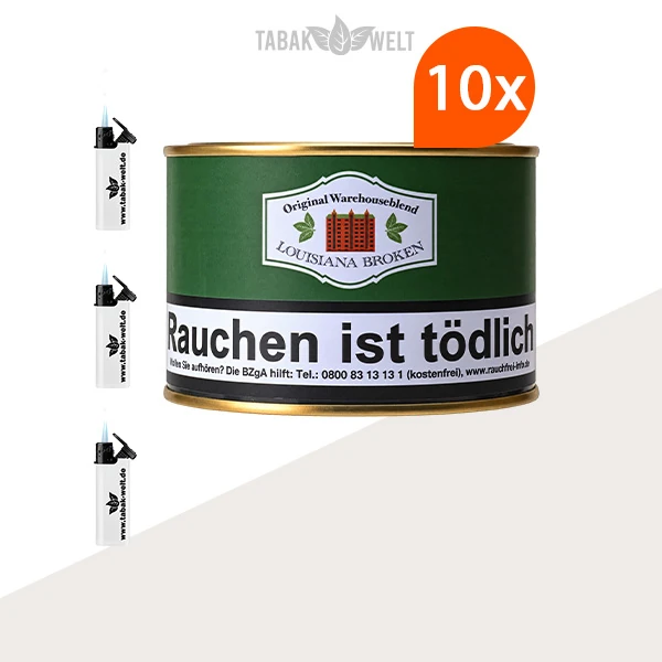 HU Tobacco Louisiana Broken Pfeifentabak – 10 Dosen mit Feuerzeugen im Set