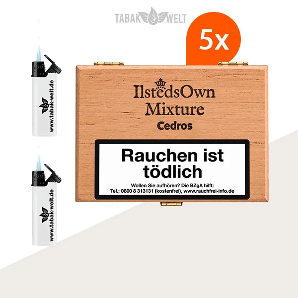 Ilsteds Cedros Pfeifentabak 5er-Box mit Feuerzeugen