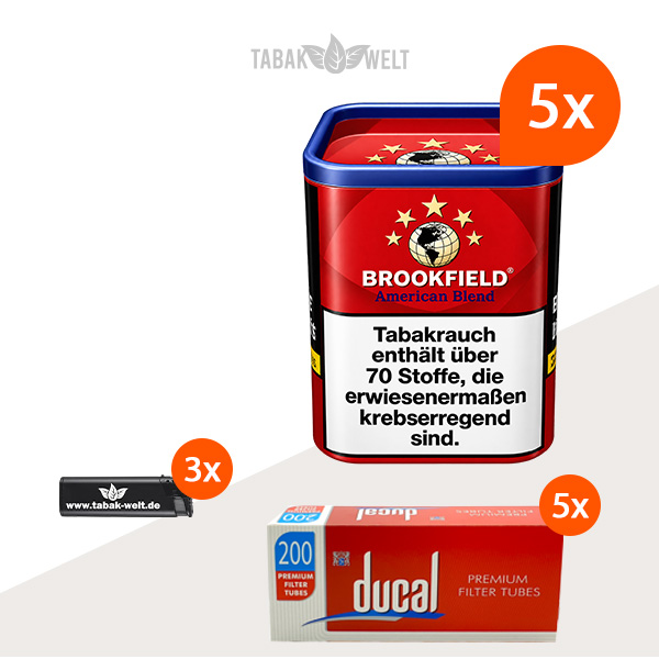 Brookfield Red Drehtabak 5er-Dosen-Set mit 1000 Zigarettenhülsen und Feuerzeugen