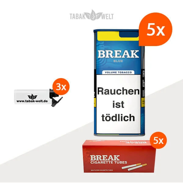 Break Blue Volumentabak 5x Dose mit 1000 Hülsen und Feuerzeugen