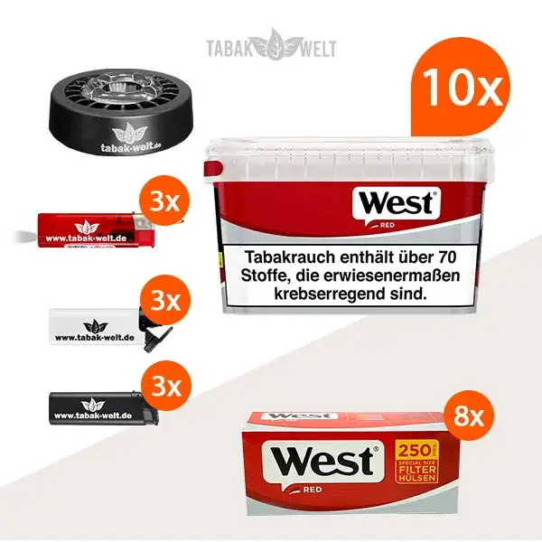 West Red Volumentabak 10x Mega Box mit 2000 Special Size Filterhülsen und Roulette Aschenbecher