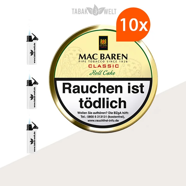 Mac Baren Classic Roll Cake Pfeifentabak 10er-Dosen-Set mit Feuerzeugen