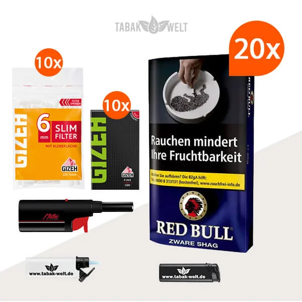 Red Bull Zware Shag Feinschnitt-Tabak 20x Pouch mit Blättchen