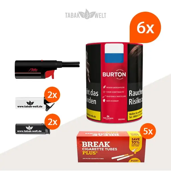 Burton Original Feinschnitt-Tabak 6x Dose mit 1000 Plus Size Hülsen und Stabfeuerzeug Burton Original Feinschnitt-Tabak 6x Dose mit 1000 Plus Size Hülsen und Stabfeuerzeug