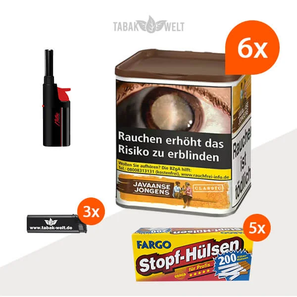 javaanse-jongens-classic-drehtabak-6x-dose-mit-1000-king-size-huelsen-und-stabfeuerzeug