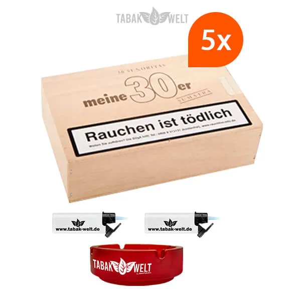 5x-meine-30er-sumatra-zigarren-mit-sturm-feuerzeuge-und-glas-aschenbecher