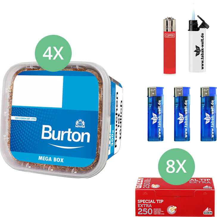 Burton Blue Tabak 4 x Mega Box mit 2000 Extra Hülsen