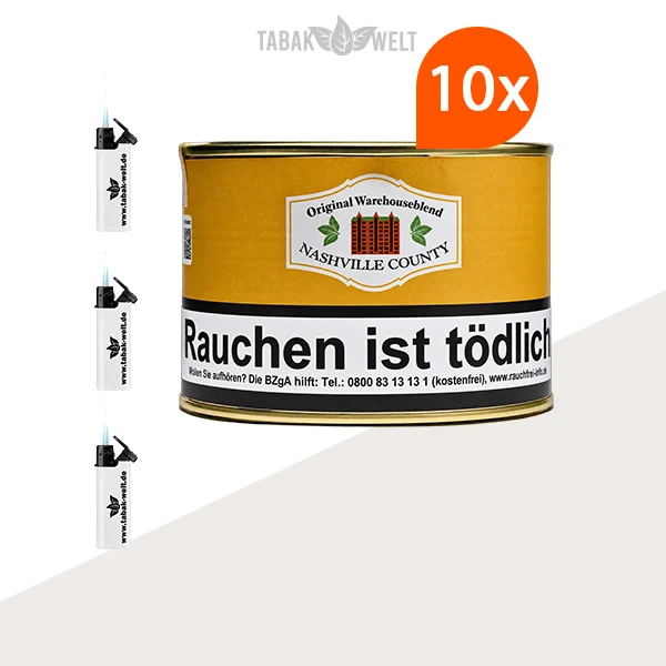 HU Tobacco Nashville County Pfeifentabak – 10 Dosen mit Feuerzeugen im Set